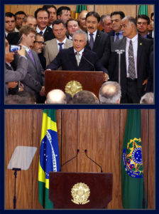 Depois de marchas e contra-marchas, o vice Michel Temer assume o Palácio do Planalto e, ao lado de aliados, faz seu primeiro pronunciamento e dá posse aos ministros. Na mesma sala, o púlpito com o brasão da República e das bandeiras do Brasil e de presidente, com o microfone à espera de novas palavras sobre o novo governo.